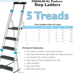 1m XL Platform Step Ladders 5 Tread Anti Slip Steps & Tool Tray Aluminium