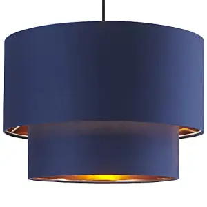 Designer Midnight Blue Cotton Double Tier Ceiling Shade with Shiny Copper Inner