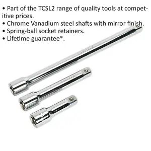 Durable 3 Piece Steel Extension Bar Set with Spring-Ball Retainers for 1/2" Drive