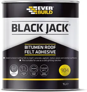 Everbuild Black Jack 904 Roof Felt Adhesive High Strength Black 1 Litre (Pack Of 6)