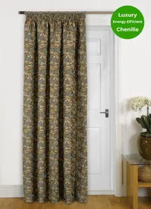 Home Curtains Georgia Chenille Fully Lined Floral 65w x 84d" (165x213cm) Gold Pencil Pleat Door Curtain