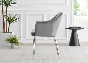 Set of 2 Calla Elephant Grey Deep Padded High Arm Soft Touch Stitched Velvet Silver Chrome Leg Dining Chairs