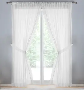 Windsor White Crushed Voile Panel with Marame Trim and Tie Back - Pair 140 x 122cm (55x48")