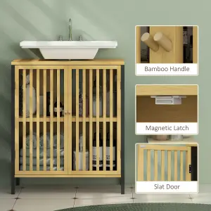 HOMCOM Under Sink Bathroom Cabinet, Bamboo Sink Storage Cabinet Slat Doors