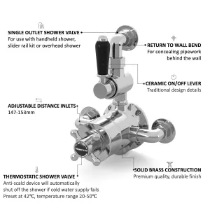 ENKI Downton Chrome Black Traditional Brass Thermostatic Twin Shower Valve with Return to Wall Bend T100