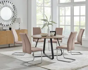 Furniturebox UK Santorini Brown Wood Effect Round Dining Table & 6 Cappuccino Lorenzo Chairs