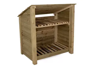 Wooden log store (roof sloping back) with kindling shelf W-119cm, H-126cm, D-88cm - natural (light green) finish