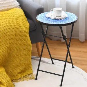 Costway Garden Mosaic Side Table Foldable Round End Table Outdoor Indoor Plant Stand w/ Ceramic Tile Top