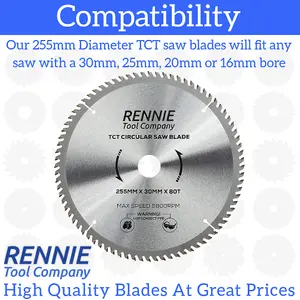 255mm x 80T TCT Circular Wood Saw Blade. Fits Bosch Makita Dewalt Circular Saws Etc