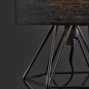 ValueLights Angus Modern Small Satin Black Metal Basket Cage Table Lamp with Black Fabric Shade