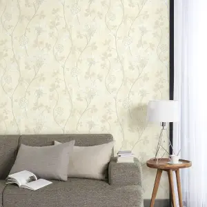 GoodHome Erosa Cream & grey Glitter effect Floral Textured Wallpaper Sample