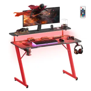 SONGMICS HOME Gaming Desk with LED Lights, Z-Shaped Computer Desk with Monitor Stand, Cup Holder and Headphone Hook