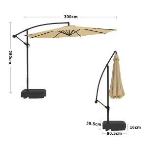 3M Large Rotatable Garden Sun Shade Cantilever Parasol Patio Hanging Banana Umbrella Crank Tilt with 60L Fillable Base, Khaki