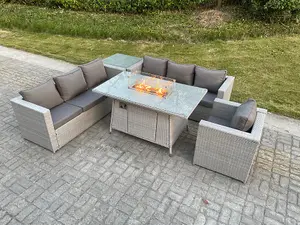 Emily 7 Seater Grey Corner Rattan Fire Pit Set