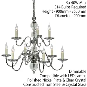 Flemish Ceiling Pendant Chandelier Polished Nickel & Crystal Curved 9 Lamp Light