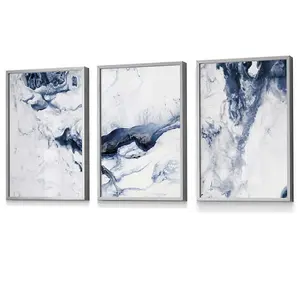 Set of 3 Navy Blue Abstract Ocean Waves Wall Art Prints / 30x42cm (A3) / Light Grey Frame