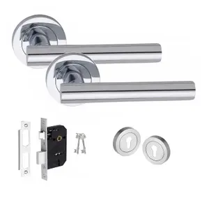 Straight T-Bar Key Lock Door Handle Set Thumbturn and Mortise Lock Polished Chrome