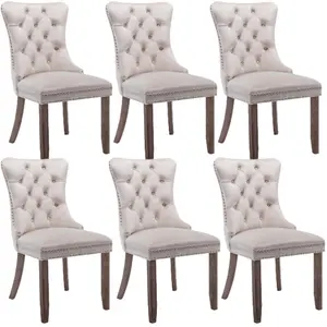 Set of 6 Lux Beige Velvet Upholstered Kitchen Dining Chairs Home Office Bedroom Chairs with Wing Back