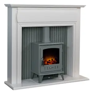 Adam Florence Stove Fireplace in Pure White with Aviemore Electric Stove in Grey Enamel, 48 Inch