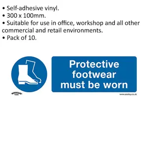 10 Pack Self-Adhesive Foot Protection Safety Signs - 300 x 100mm