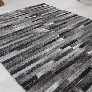 Grey Handmade , Luxurious , Modern , Cowhide Wasy to Clean Leather Striped Rug for Living Room, Bedroom - 120cm X 170cm