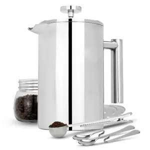 French Press Cafetiere Steel Coffee Maker FREE Filters & Spoons 1500ml - M&W