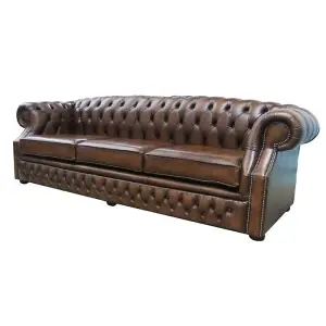 Chesterfield 4 Seater Antique Tan Real Leather Sofa In Buckingham Style