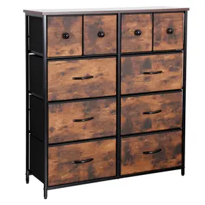 WOODEN Effects Chest Of Drawers With Metal Frame, 10 Large Deep Fabric Drawers Organiser Storage