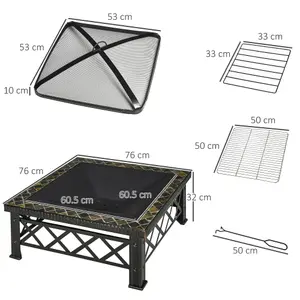 Outsunny 76cm Square Garden Fire Pit Square Table w/ Poker Mesh Cover Log Grate