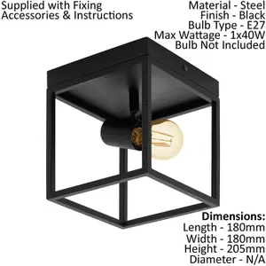 Flush Ceiling Light Colour Black Open Metal Frame Box & Holder Bulb E27 1x40W