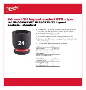 Milwaukee - 1/2"  SHOCKWAVE™ IMPACT DUTY Impact Socket - Standard - 24mm