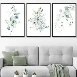 Set of 3 Green Blue Watercolour Eucalyptus Set 3 Wall Art Prints / 50x70cm / Black Frame