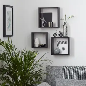 GoodHome Rigga Black Cube shelf (L)23cm x (D)9.8cm, Set of 3