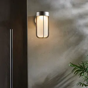 Brushed Silver Outdoor Wall Light & Frosted Glass Shade IP44 Rated 8W LED Module