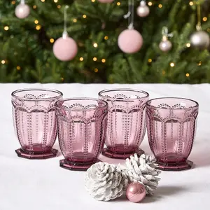 Set of 8 Vintage Luxury Purple Embossed Short Drinking Glass Whiskey Glass Tumblers 290ml