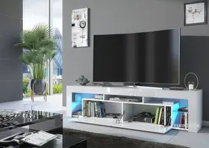 Furneo White TV Stand 200cm Cabinet Unit Matt & High Gloss Milano06 Blue LED Lights