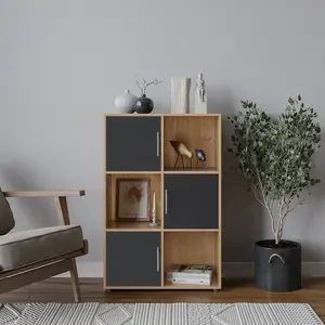 URBNLIVING 91cm Height 6 Cube Bookcase Oak Wood Black Door Metal Handle Display Storage Shelf