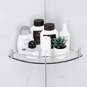 2 Pcs Silver Glass Bathroom Corner Shelf  Wall Mounted 6mm Tempered Glass