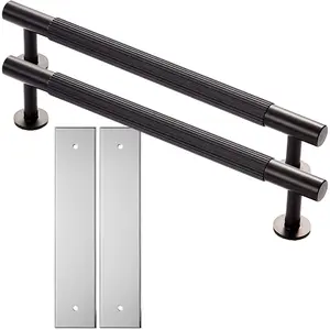 2 PACK - Pull Handle & Contrasting Backplate Set - Reeded Lined T Bar - Matt Black & Chrome