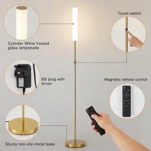 HARPER LIVING Modern LED Floor Lamp with Remote + Touch Control, Gold Standing Reading Lamp with Cylinder White Plastic Shade