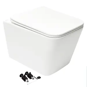 White Square Rimless Wall Hung Toilet WC Pan & Slim Seat