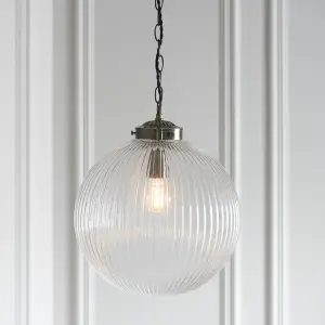 Anson Lighting Boston Pendant light finished in Antique brass plate and clear ribbed glass