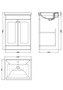 Traditional Floor Standing 2 Door Vanity Unit with 1 Tap Hole Fireclay Basin, 600mm - Satin Grey