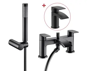 Matt Black Waterfall Curve Deck Mounted Bath Shower Mixer + Shower Head + Tap