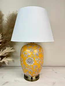 Yellow Floral Ceramic Table Lamp with Plain Shade