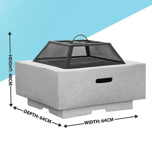 64cm Light Grey Square Fire Pit with BBQ Grill - Perfect Garden Heater for Parties