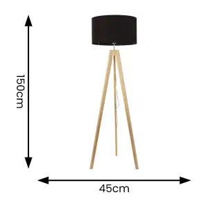 ValueLights Jackson Natural Wood Tripod Floor Lamp with Black Fabric Lamp Shade