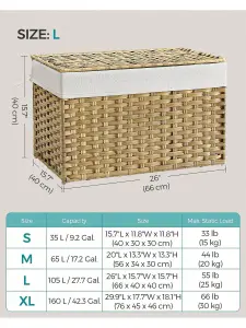 SONGMICS Laundry Basket, 105L Synthetic Rattan Storage Basket With Lid And Handles, Wicker, Foldable, Removable Liners