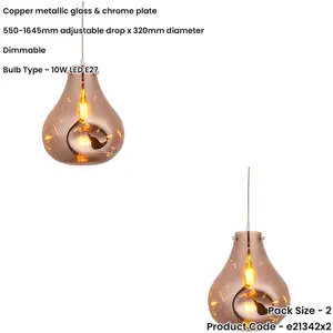 2 PACK Hanging Ceiling Pendant Light - Large Copper Metallic Glass & Chrome Plate - 10W LED E27