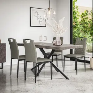 Donni Dining Table And Chairs -  Concrete Effect Table Top w Black Legs + Monza Linen Dining Chair Set Of 6 (Grey)